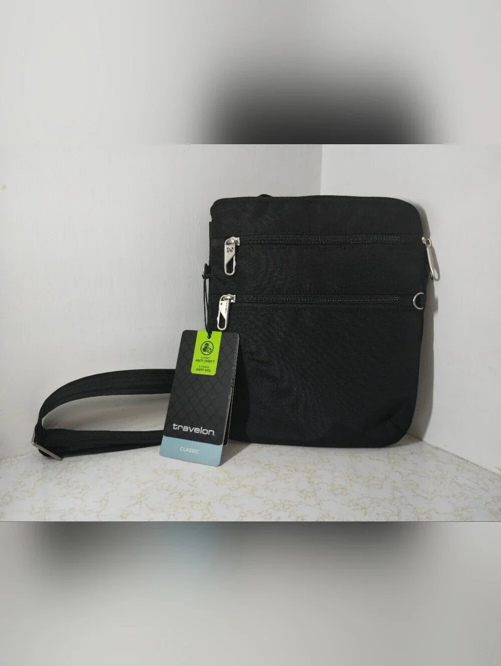 Travelon Black Men's Crossbody Messenger Bag with Front Zip Pockets